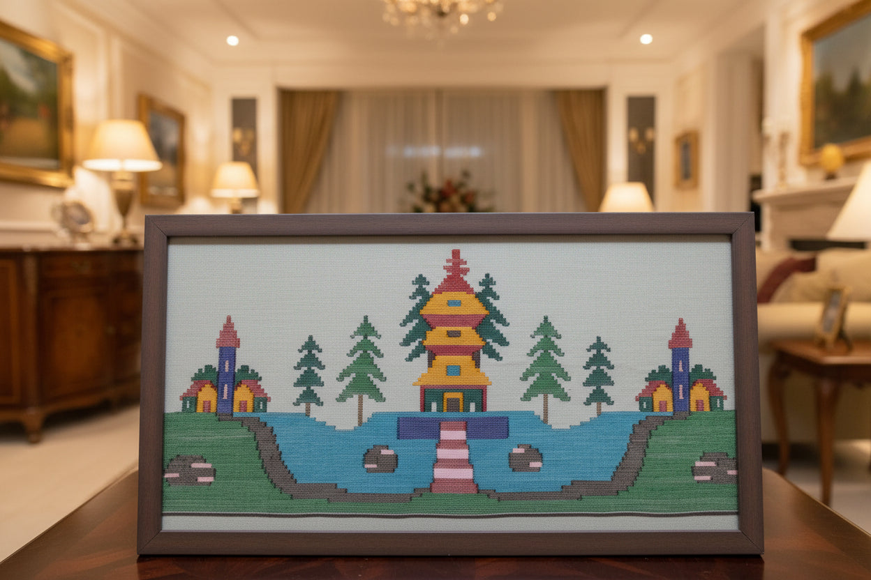 Handwoven wool wall art, Temple by the Lake - detail view