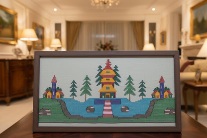 Handwoven wool wall art, Temple by the Lake - detail view