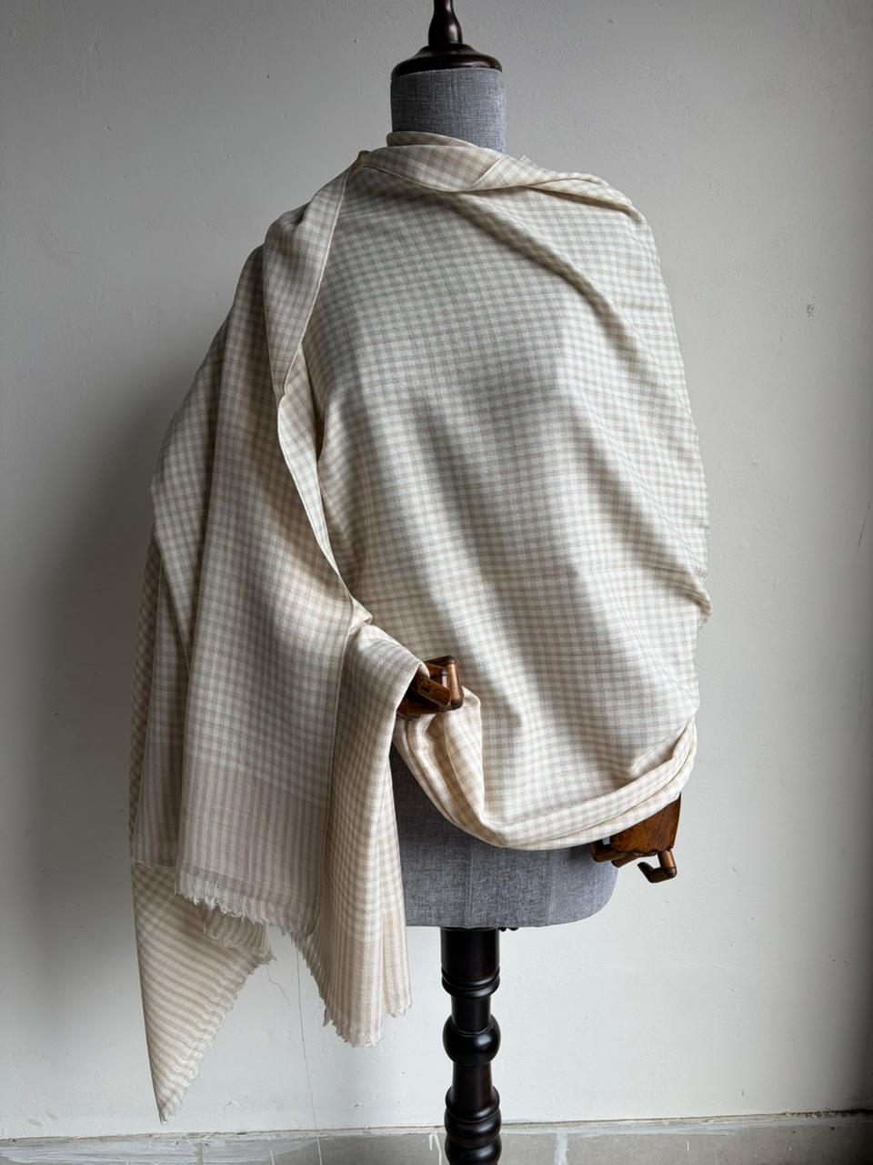 Handloom Pure Merino Wool Shawl (Beige and Cream) - Checked Design