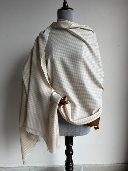 Handloom Pure Merino Wool Shawl (Beige and Cream) - Checked Design