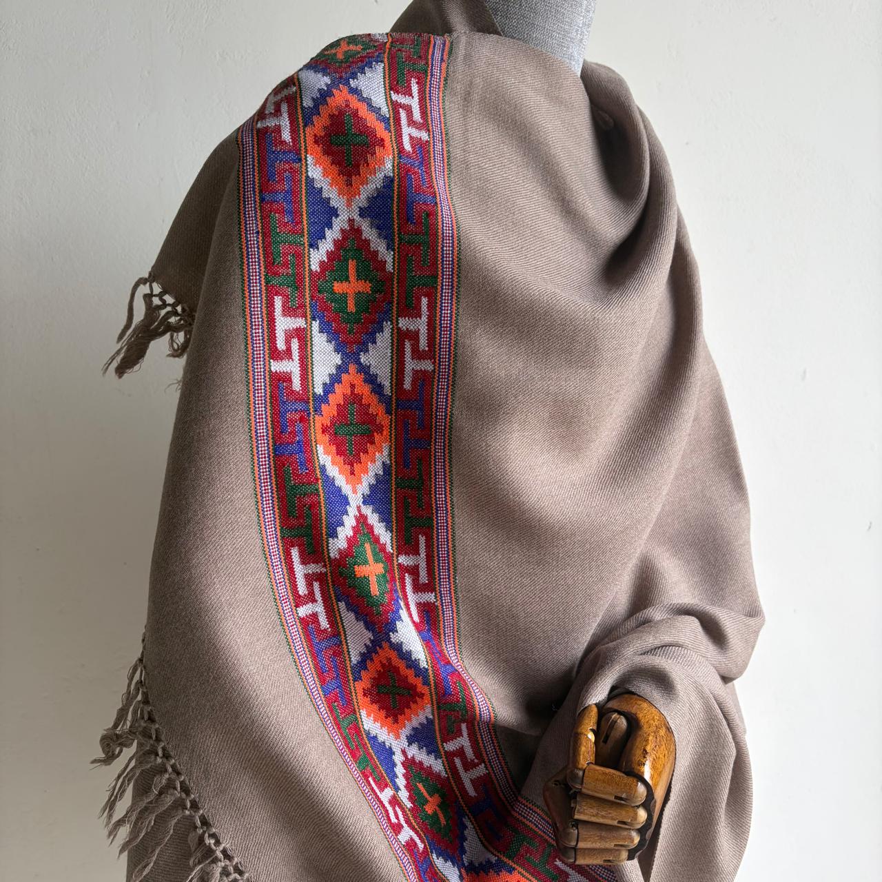 Traditional Kullu patti Merino Wool shawl- Taupe Grey