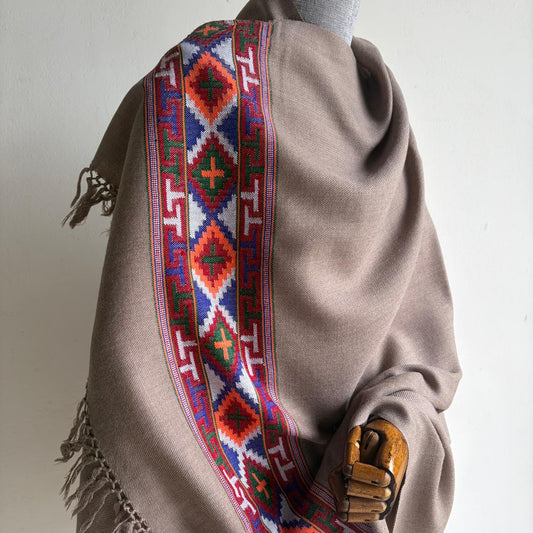 Traditional Kullu patti Merino Wool shawl- Taupe Grey
