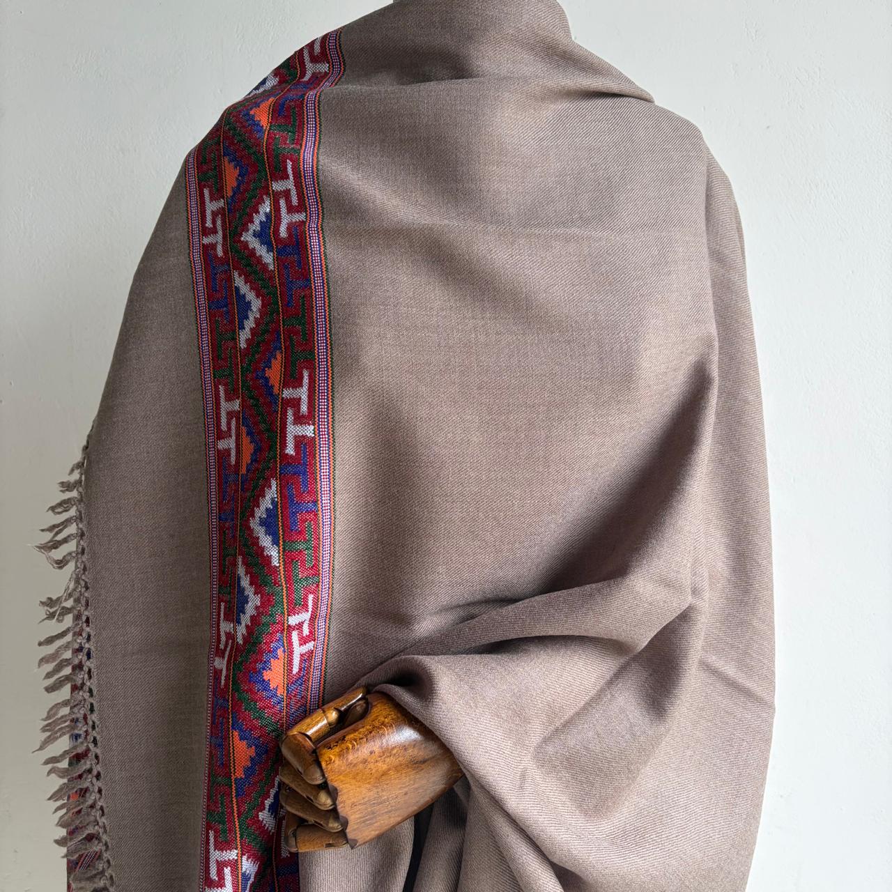 Traditional Kullu patti Merino Wool shawl-  Taupe Grey