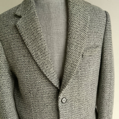 Men's handwoven black and white merino wool coat, honeycomb weave - back view