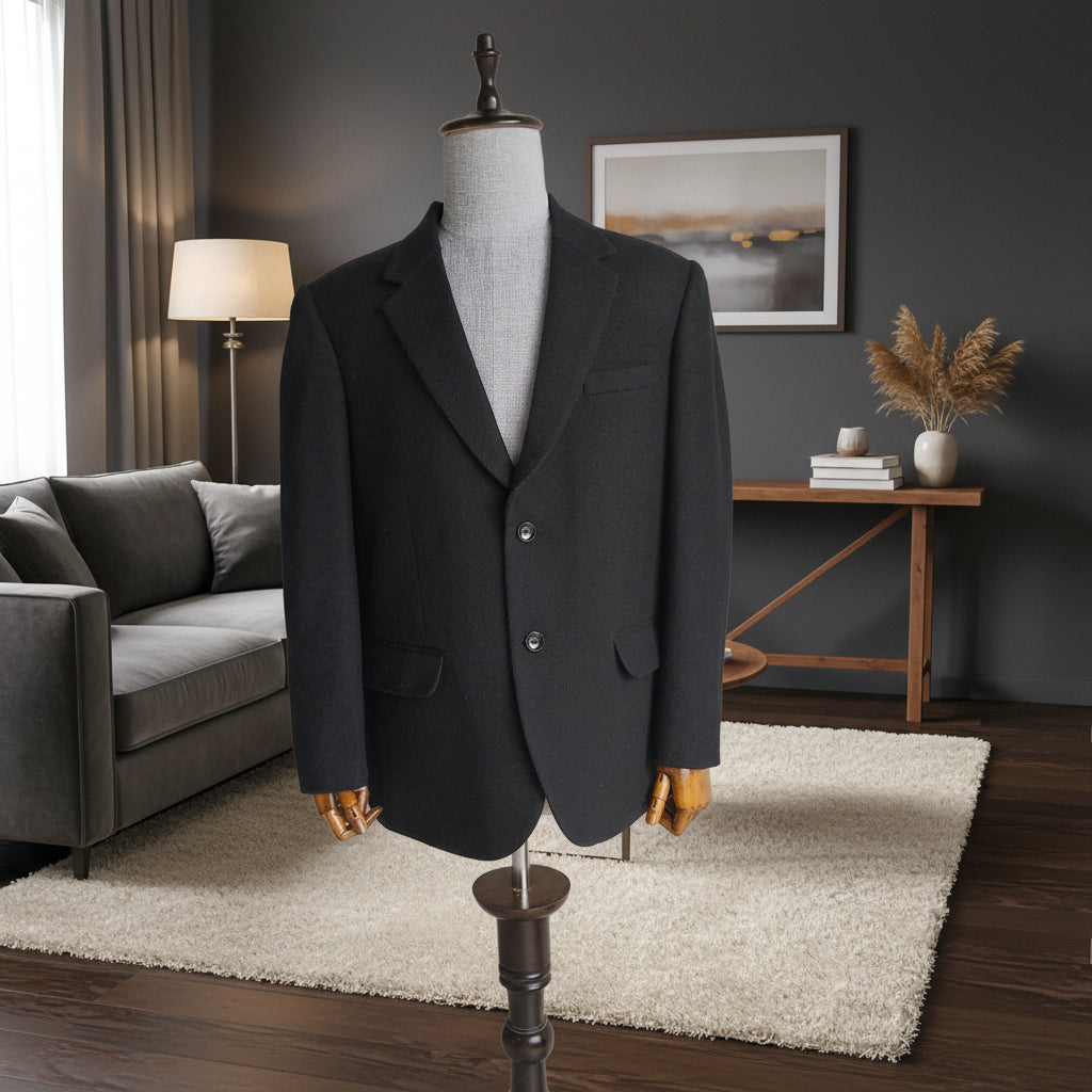 Men's handwoven black merino wool coat, twill weave - front view