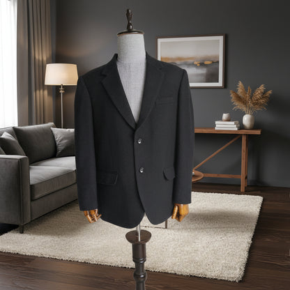 Men's handwoven black merino wool coat, twill weave - front view