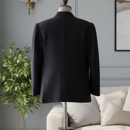 Men's handwoven black merino wool coat, twill weave - close-up texture