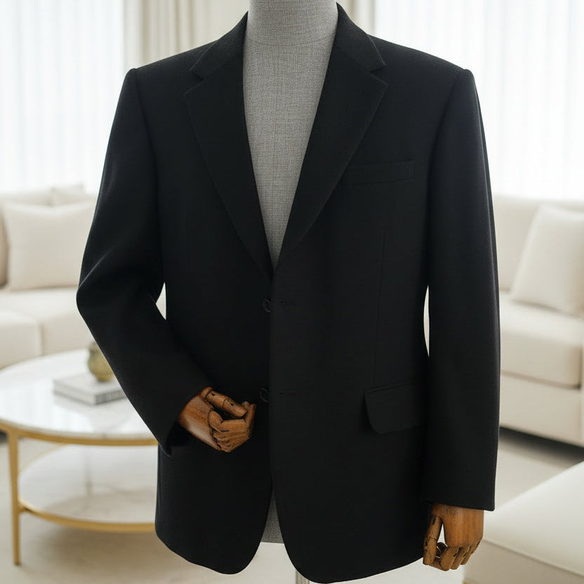 Men's handwoven black merino wool coat, twill weave - back view