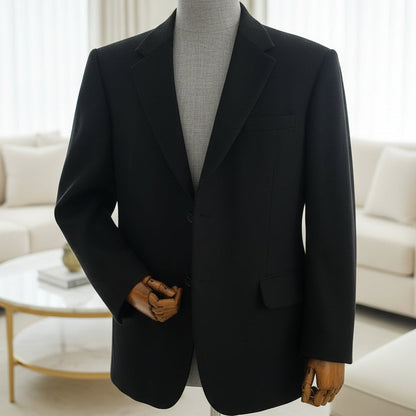 Men's handwoven black merino wool coat, twill weave - back view