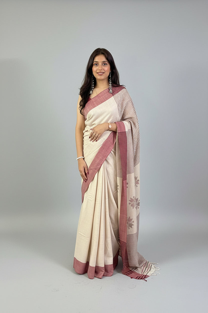 Woman wearing a cream handwoven merino wool saree, styled with a matching blouse
